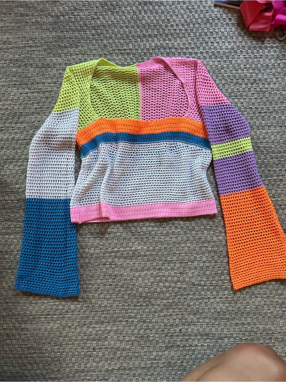 Colorblock Crochet V-Neck Sweater Top - Multicolor